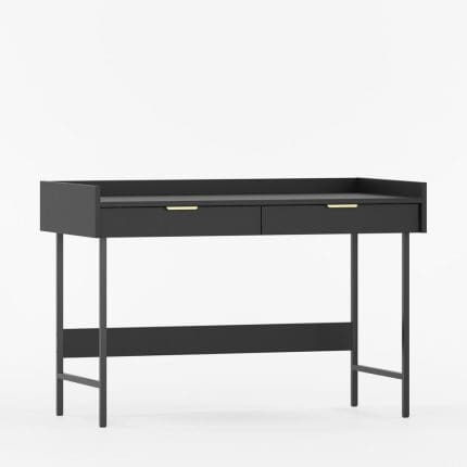 Skrivebord SIGI i sort med to skuffer og guldgreb på sorte metalben.