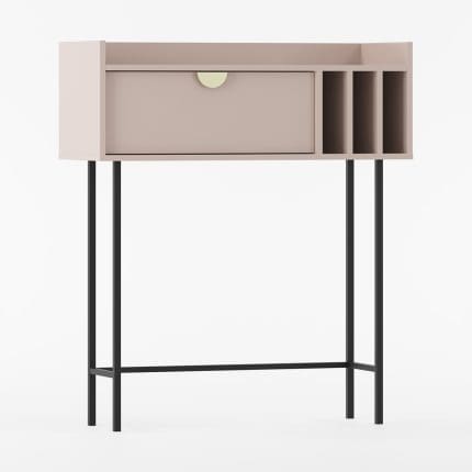 Konsol SIGI i cappuccino med én skuffe, tre lodrette rum, gyldent greb og sorte metalben.