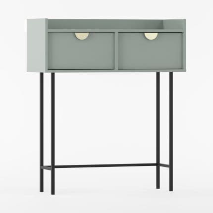 Konsolbord SIGI i støvet grøn med to skuffer, gyldne greb og sorte metalben.