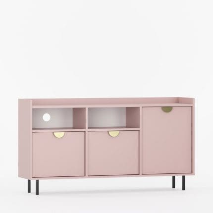 Skænk SIGI i rosa med tre låger, to åbne rum, gyldne greb og sorte metalben.