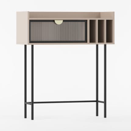 Elegant konsolbord med en glaslåge og flere åbne rum.