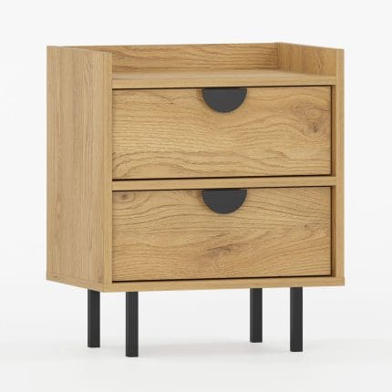 Natbord SIGI med to skuffer i lys træfinish og sorte ben – minimalistisk og funktionelt design.