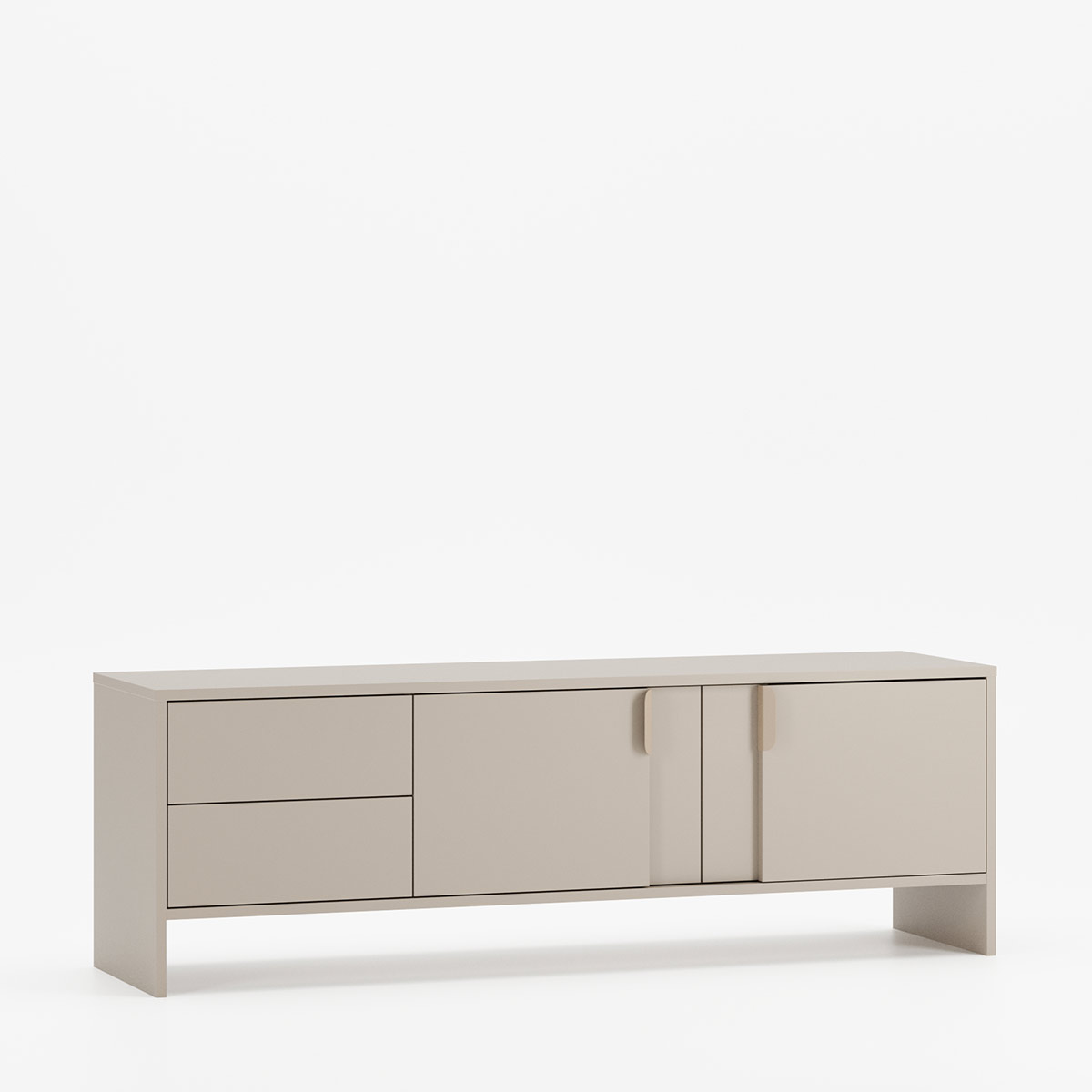Tv-bænk LAYERS med skuffer og låger i roligt, moderne design. En funktionel løsning med praktisk opbevaring og stilrene linjer.