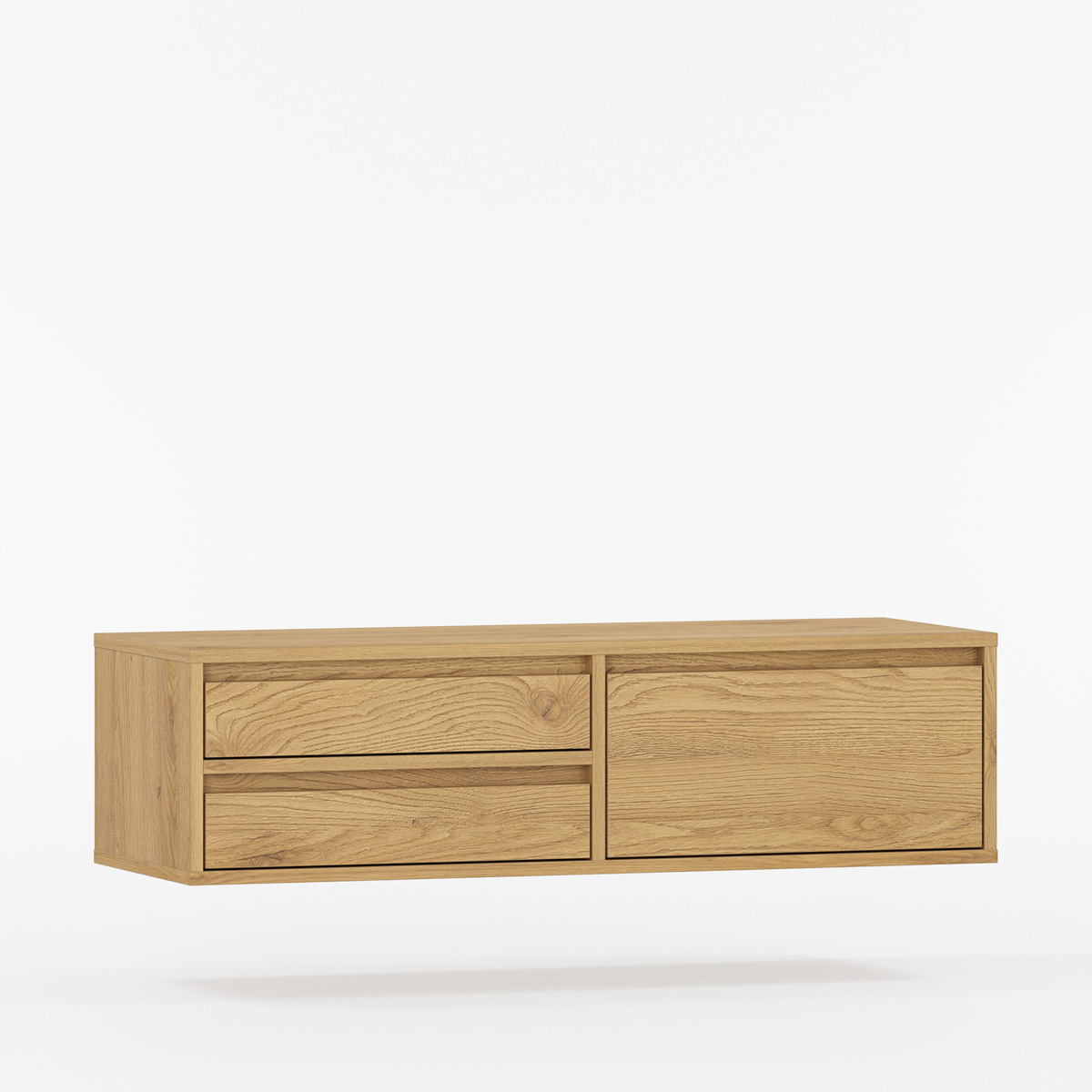 Væghængt tv-bord UBBE i egetræ med to skuffer og én låge – minimalistisk og funktionel løsning i varme materialer.