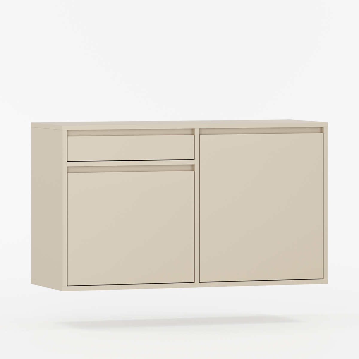 Beige væghængt skænk UBBE med én skuffe og to låger – enkel og kompakt opbevaring i moderne design.