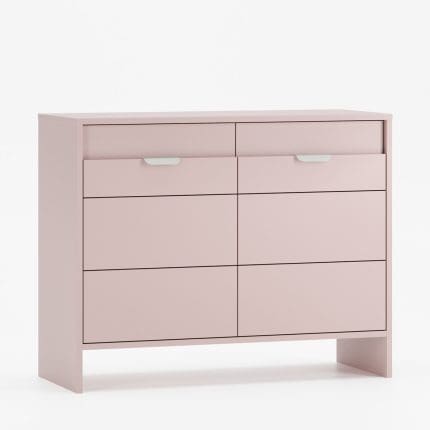 Kommode LAYERS med seks skuffer i antik rosa og greb i pastelgrøn.