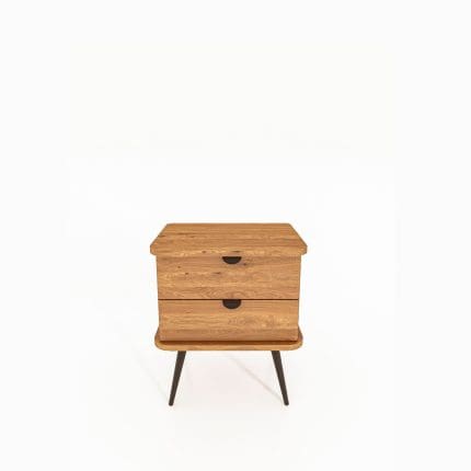 Natbord KULA i olieret træ med to skuffer og sorte slanke ben – minimalistisk design med afrundede kanter.