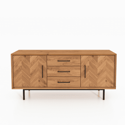 Skænk ABIES i massivt træ med to låger og tre skuffer – med sorte greb og ben i et elegant, nordisk design.