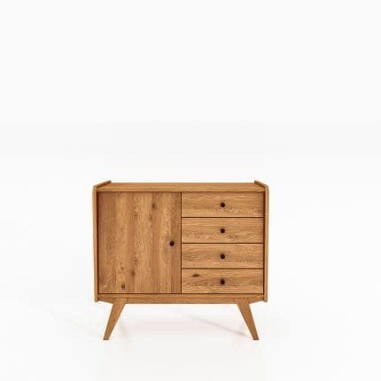 RETRO skænk i massivt træ med én låge og fire skuffer – skråtstillede ben og harmonisk design.