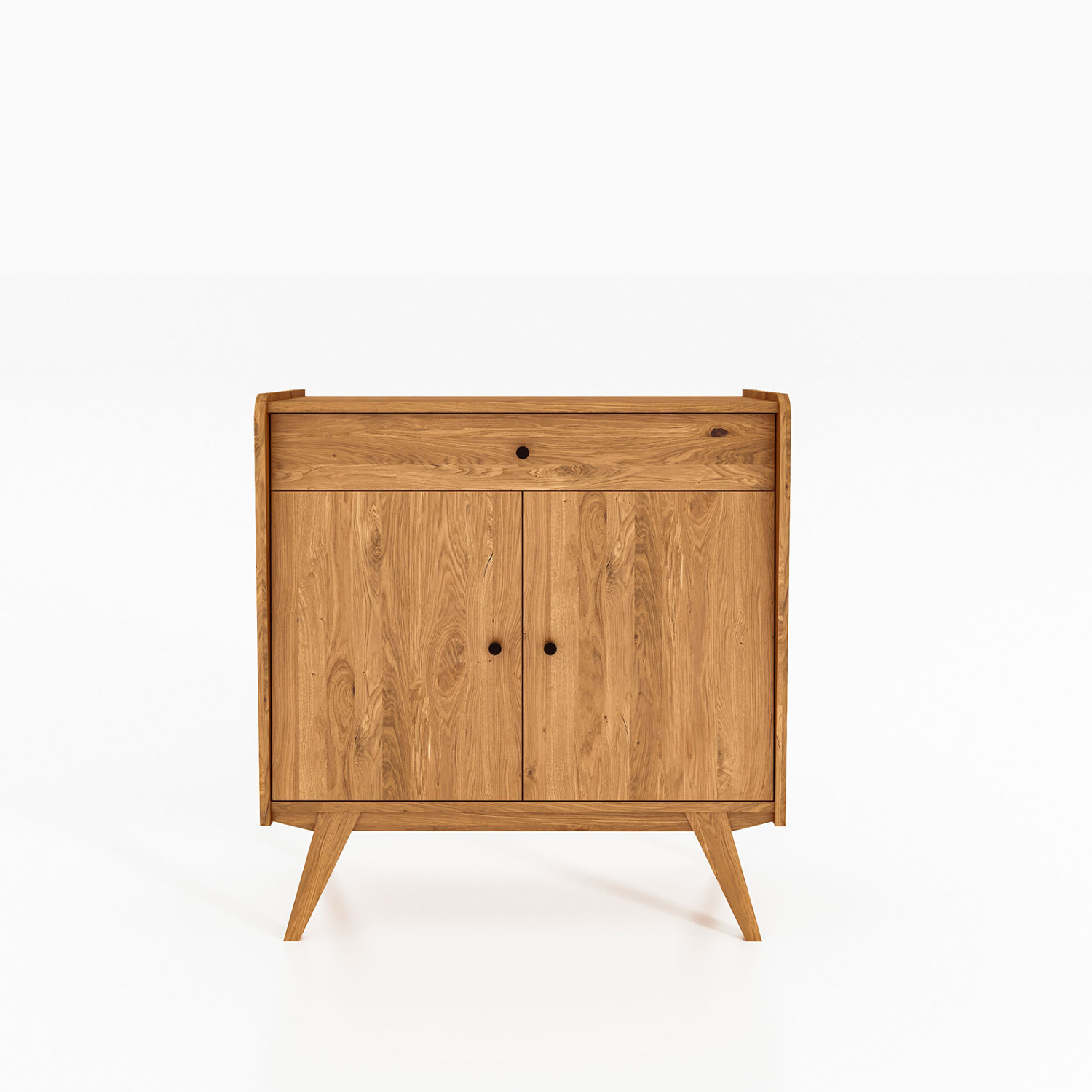 RETRO skænk i olieret træ med én bred skuffe og to låger – skråtstillede ben og harmonisk design.