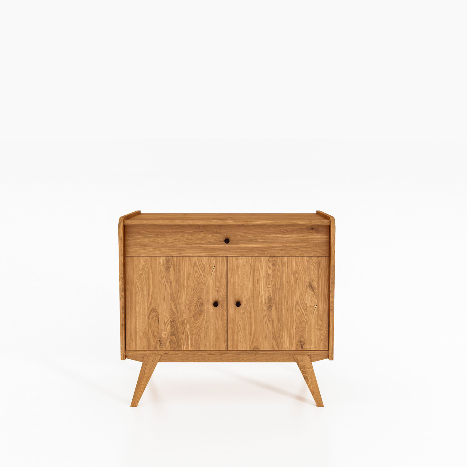 RETRO skænk i olieret træ med to låger og én skuffe – kompakt og harmonisk design med skrå ben.