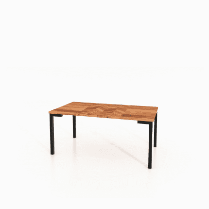 Sofabord ABIES med rektangulær bordplade i sildebensmønstret træ og slanke sorte metalben.