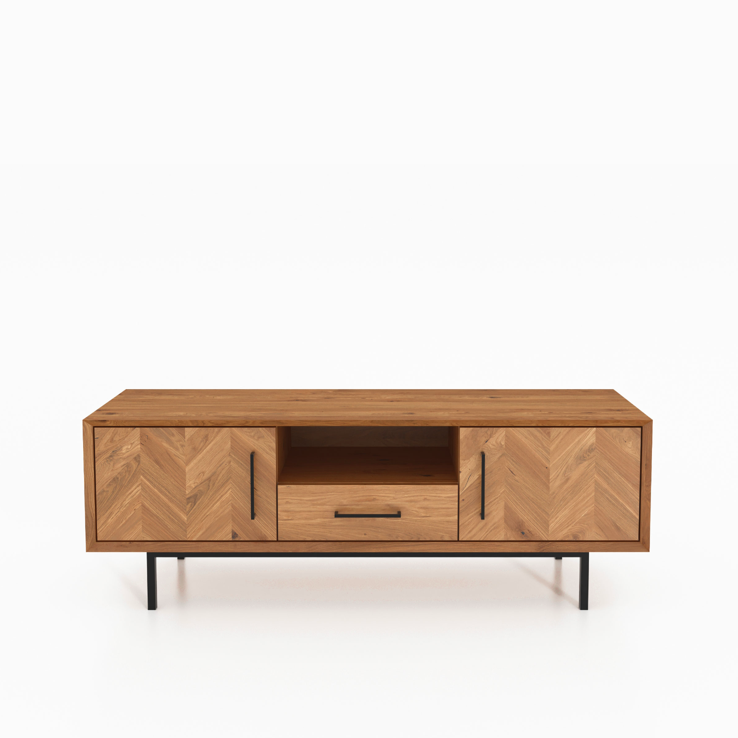 TV-bænk ABIES med to låger i sildebensmønster, en midterskuffe og sort metalben i minimalistisk stil.
