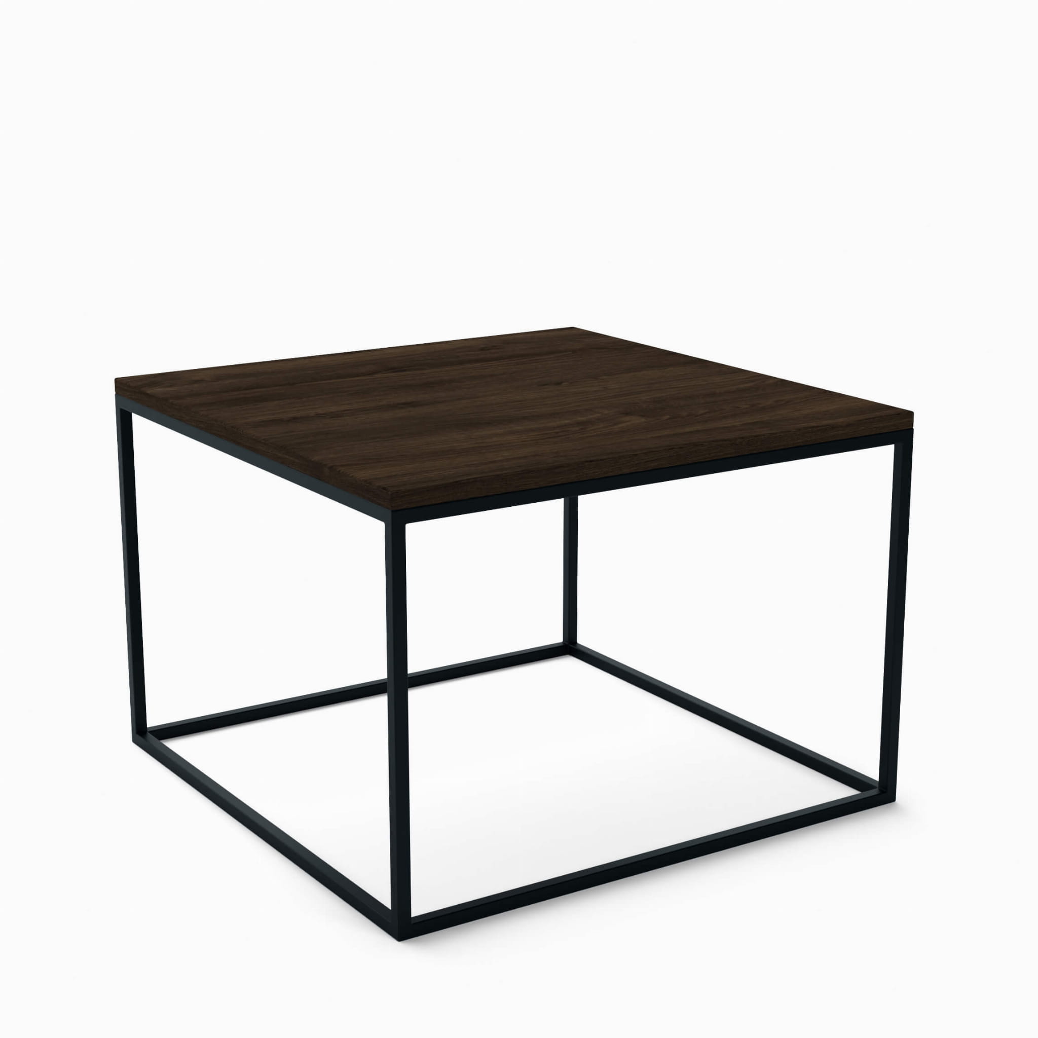 Sofabord ASTON med mørk bordplade og sort pulverlakeret kubeformet stel. Moderne og luftigt design.