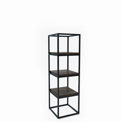 reol i sort metal med ftre åbne hylder i mørkt træ – model TOWER MINI