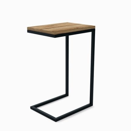 Sofabord GRAFTON med C-formet stel i sort metal og bordplade i mørkt trælook – praktisk og minimalistisk design