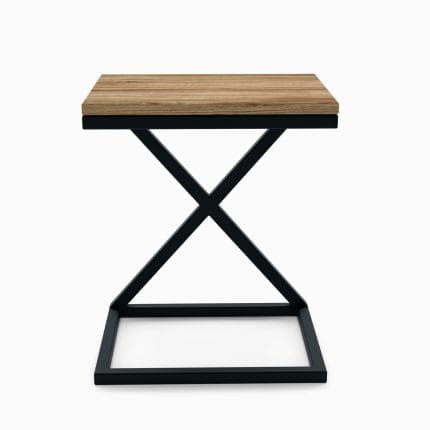 Sidebord LARGO X med krydsformet sort metalstel og mørk trælook-bordplade – moderne og geometrisk design