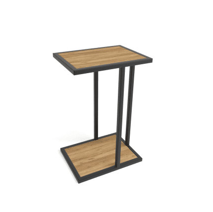 Sidebord DECKER i sort metal med to trælook-flader – minimalistisk design med bundhylde